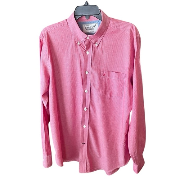 Nautica men’s long sleeve lightweight cotton button shirt SZ L light red white - Picture 1 of 9